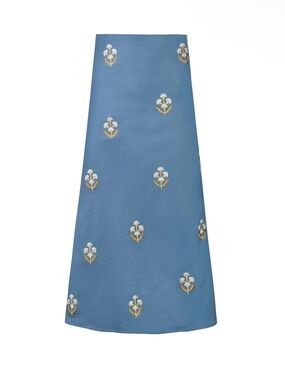Rosewaterhouse Mina Linen Embroidered Peplum Floral Skirt in Pastel Blue/Ivory